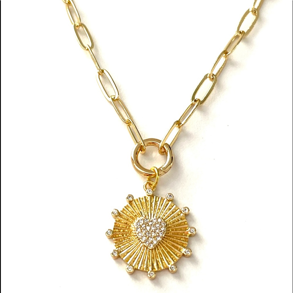 Gold Paperclip Chain Pave CZ Heart Pendant Necklace Charm Holder Medallion Charm